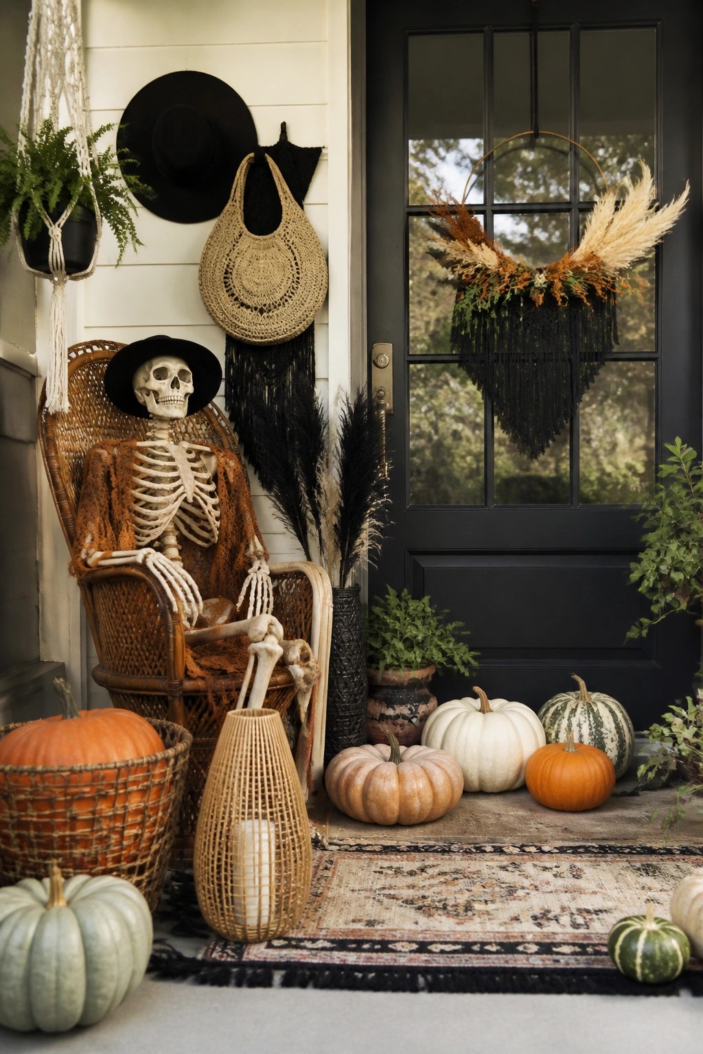 Skeleton seated in a wicker chair beside a black front door, wearing a hat, with pumpkins and a dried grass wreath nearby.