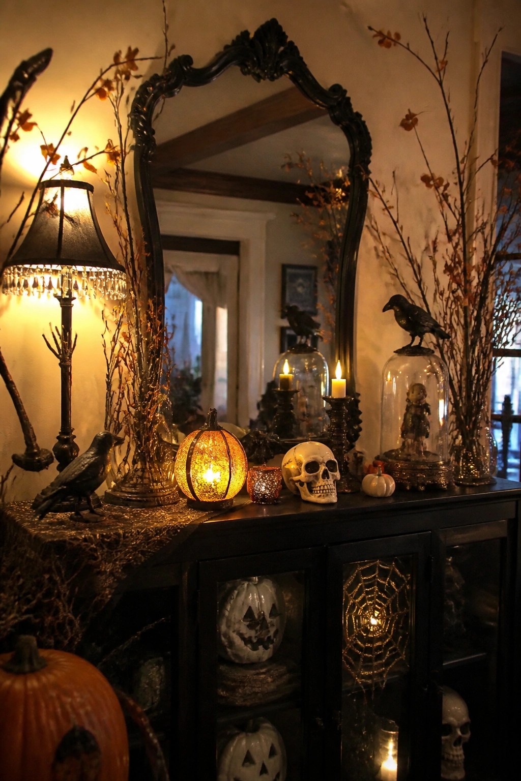 Entry console table styled with skulls, black crows, a glowing pumpkin, glass domes with candles, and spiderweb details on the cabinet doors.