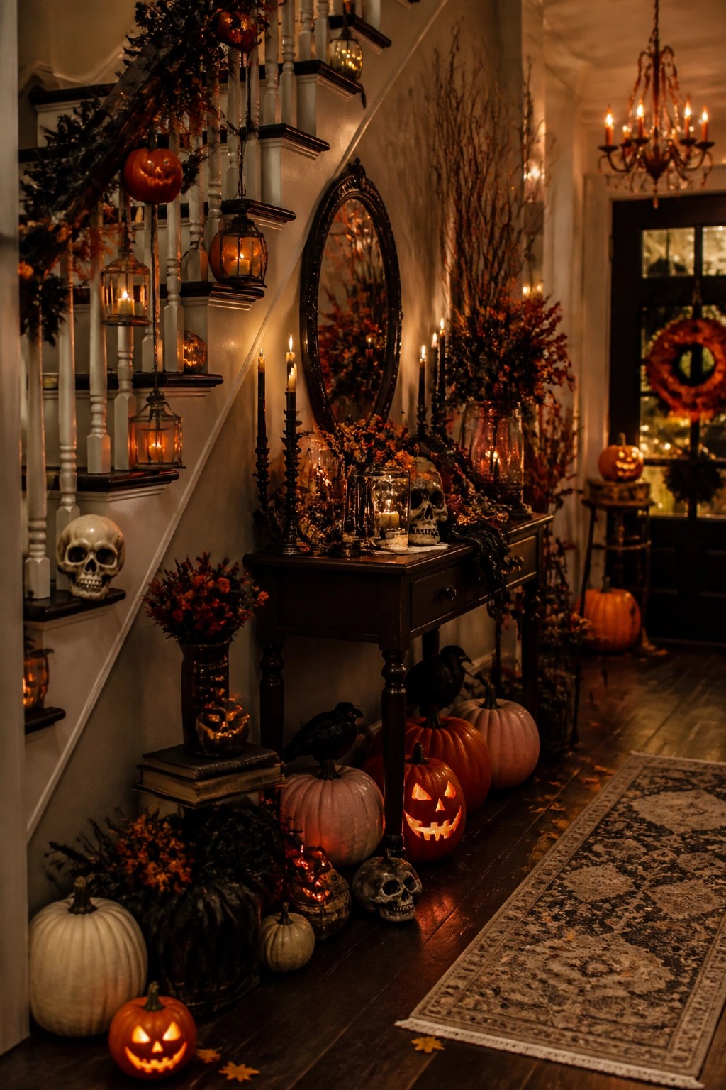 Entryway console table styled with skulls, black crows, carved pumpkins, and lanterns beside a staircase.