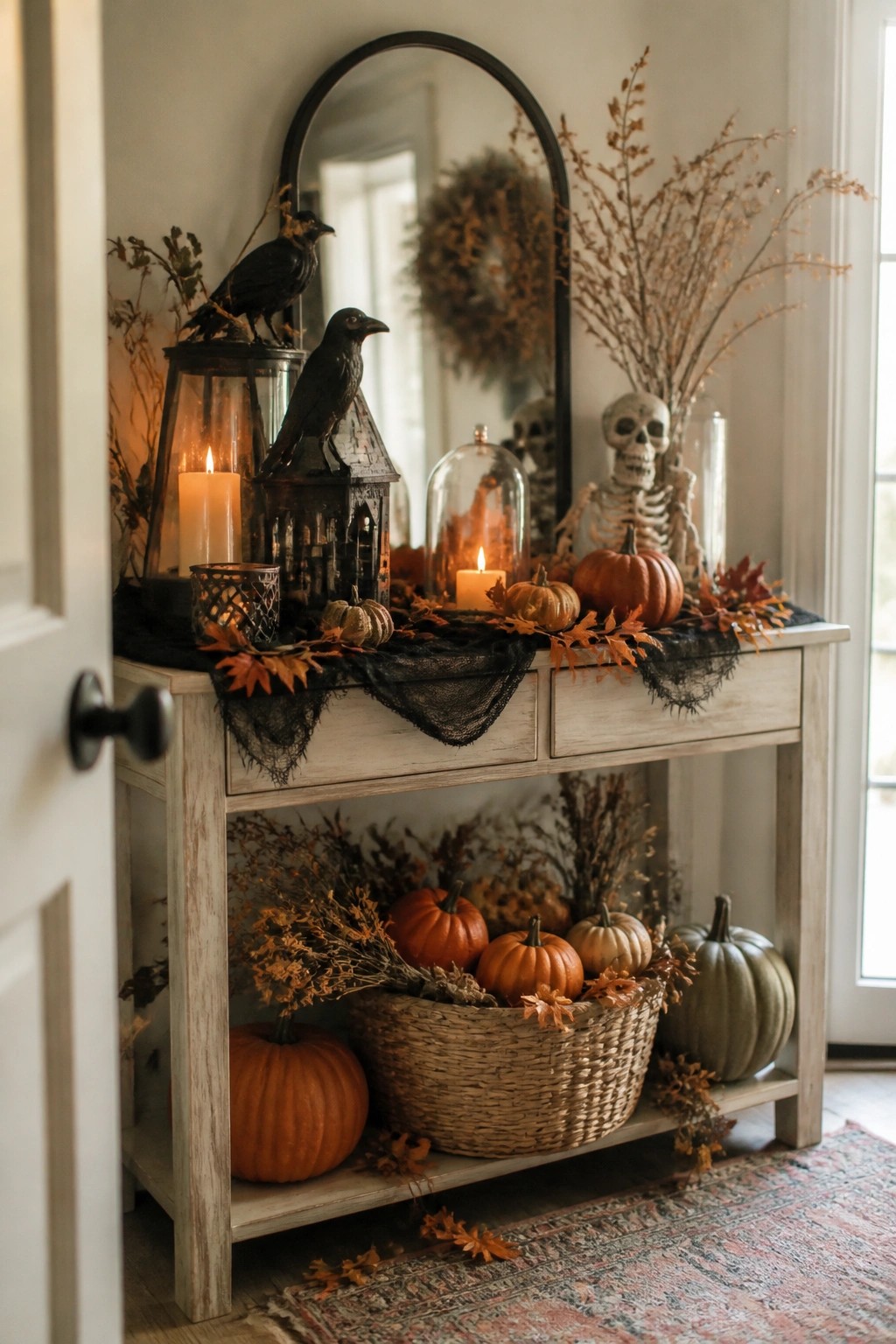 Entryway console table styled with a skeleton, black crows, lanterns, and pumpkins for a Halloween display.