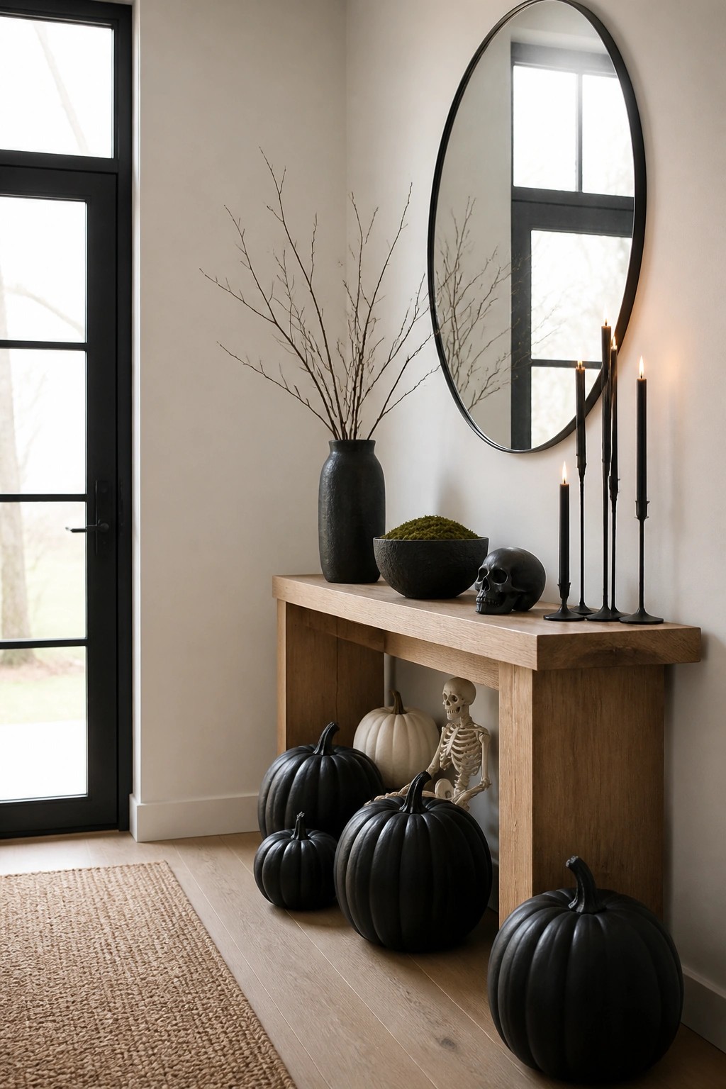 Entryway console table with black candles, skulls, black pumpkins, and a skeleton placed underneath near a round mirror and front door.