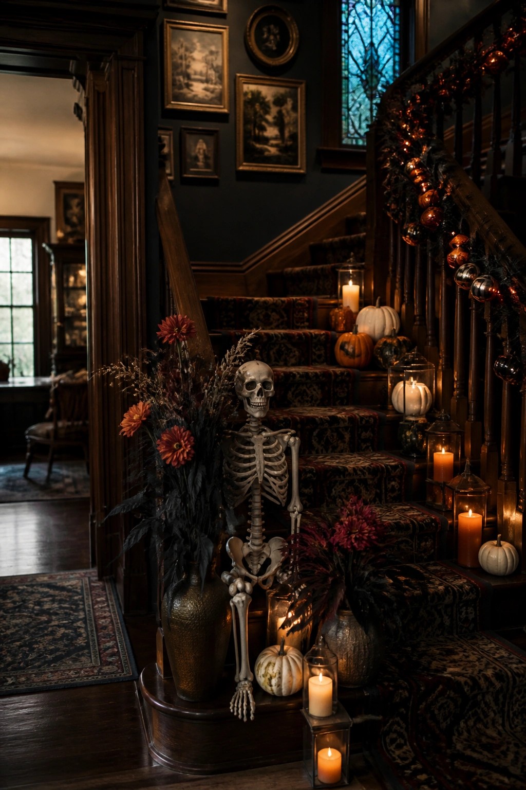 Entryway staircase decorated with a central skeleton, lanterns, and small pumpkins at the base of the stairs.
