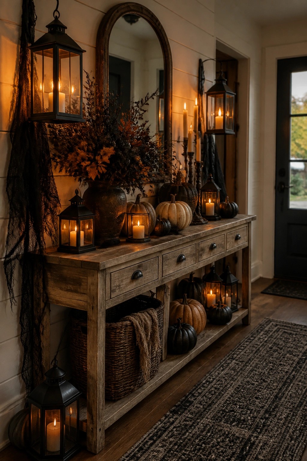 Wooden console table in an entryway decorated with multiple black lanterns, white candles, and pumpkins beneath a large arched mirror.