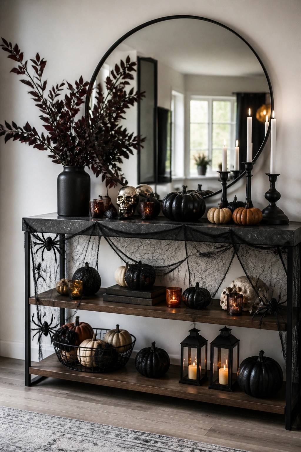 Entryway console table decorated with skulls, black pumpkins, spiderwebs with spiders, and black candles under a round mirror.