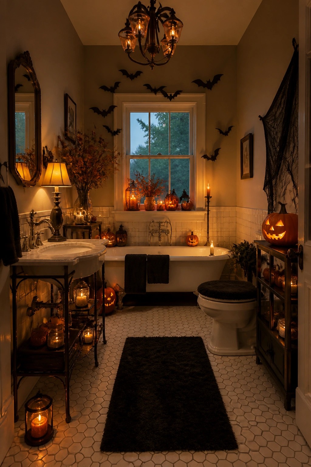 A bathroom with multiple black bat cutouts arranged on the walls around a window, plus carved pumpkins and candles on the tub and counters.
