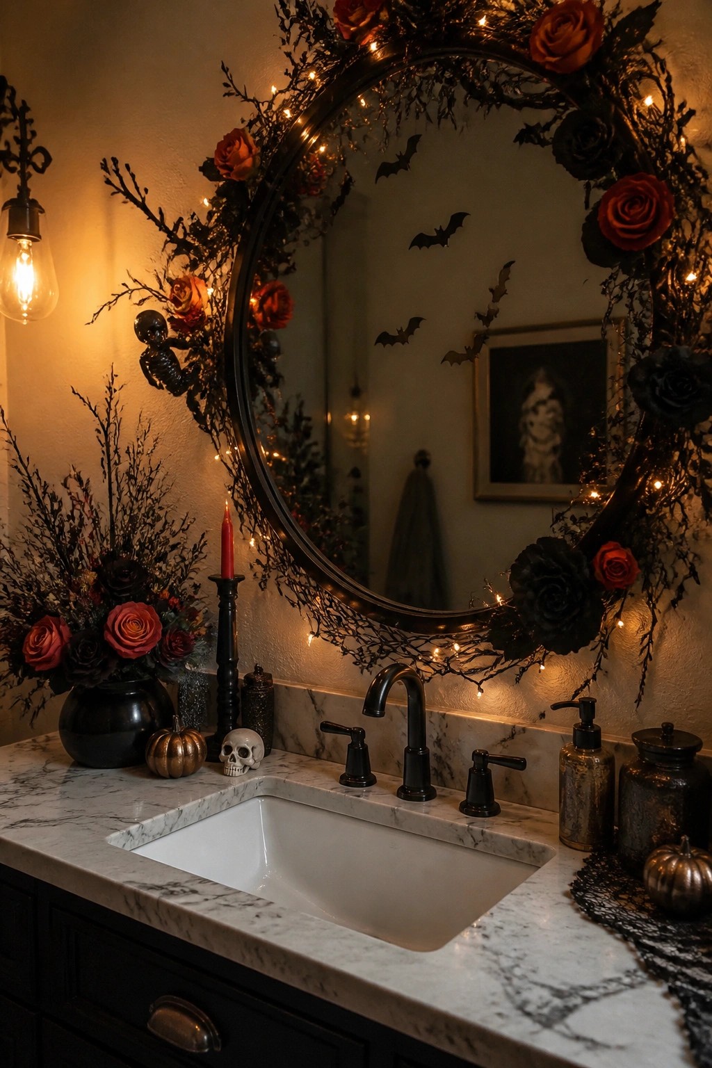 Bathroom vanity with a round mirror framed by a dark branch wreath, orange and black roses, string lights, and black bat cutouts on the glass.
