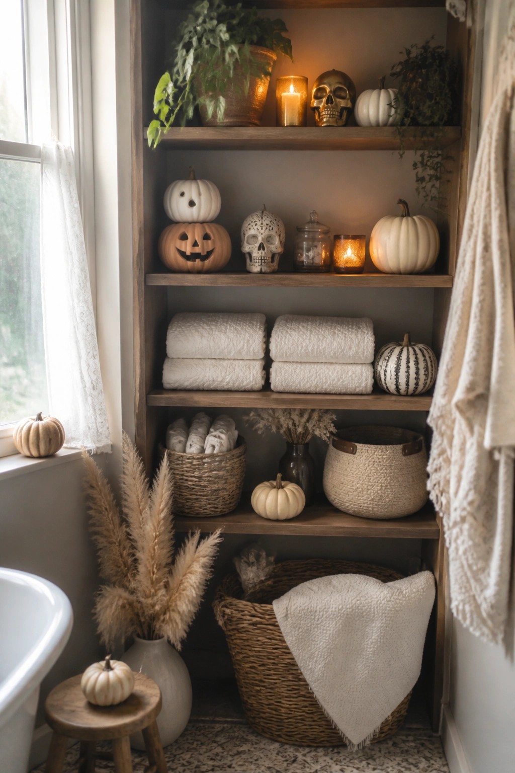 Bathroom shelves styled with skulls, carved jack o lanterns, and white pumpkins next to folded towels.