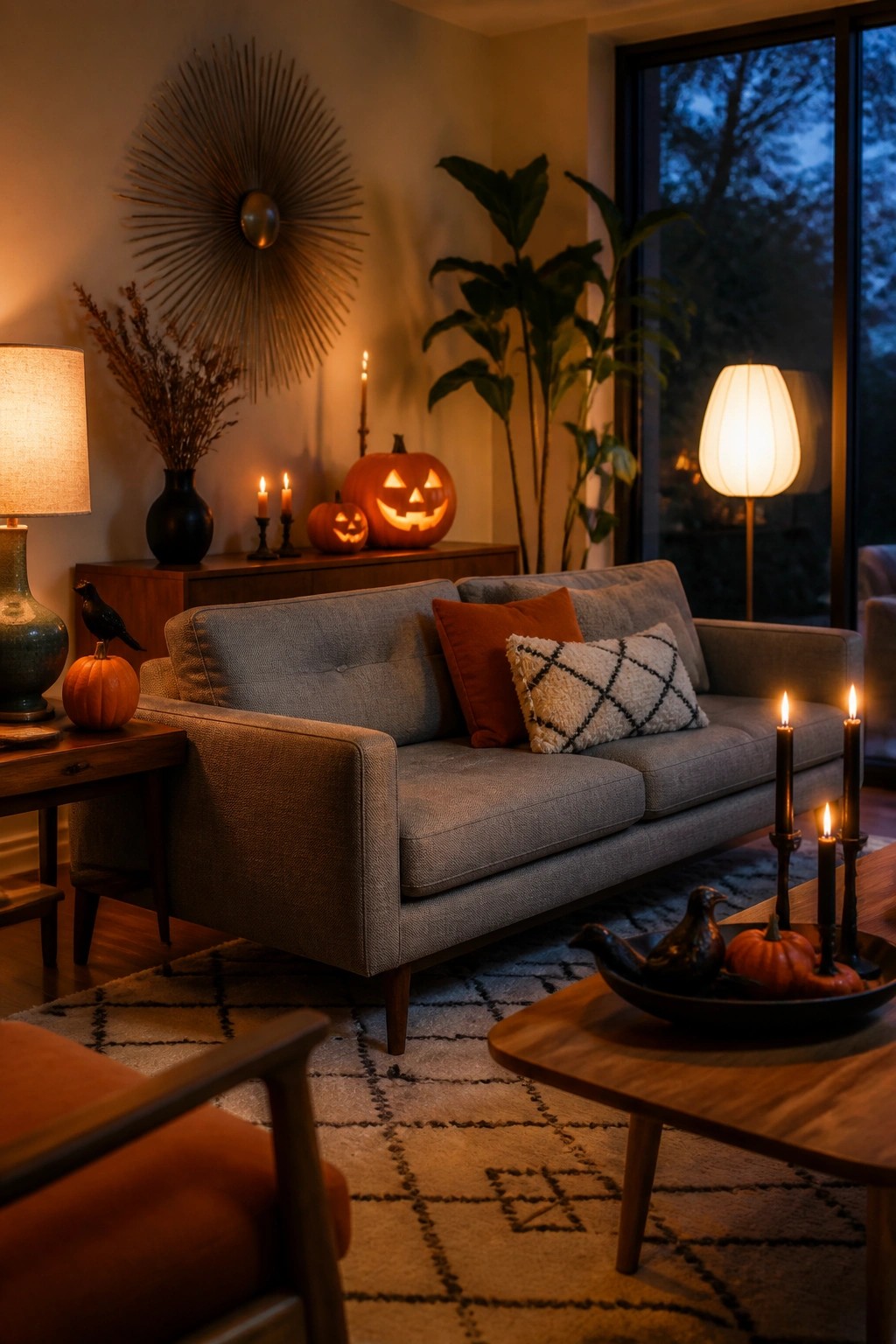 Cozy living room with gray sofa, carved pumpkins, lit candles, and autumn decor.
