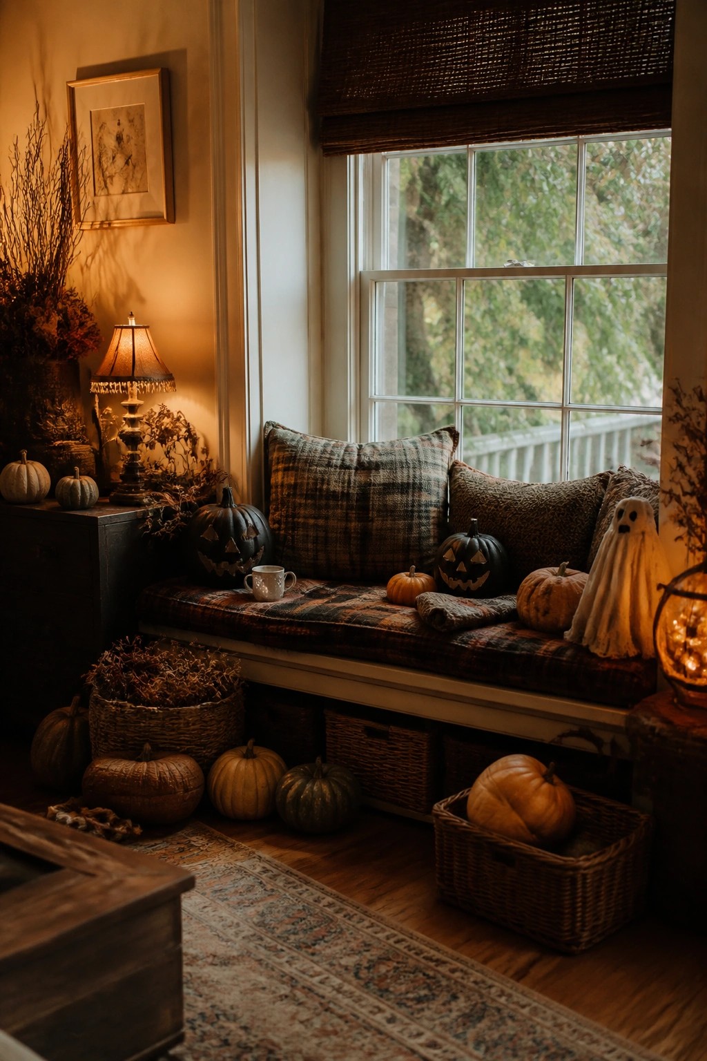 Window bench decorated with black carved jack o lanterns, a small ghost figure, plaid pillows, and pumpkins in baskets.