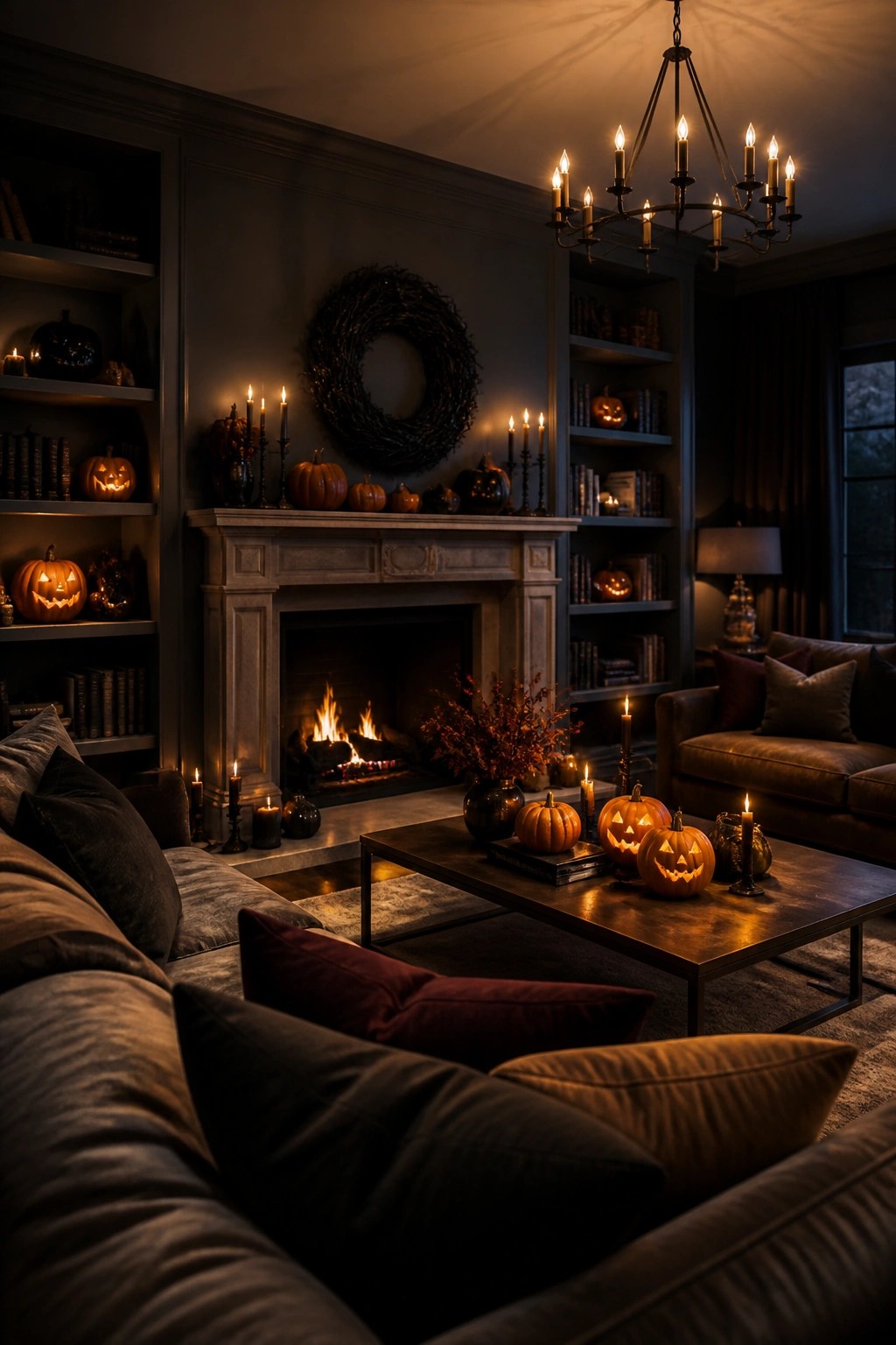 Living room mantel decorated with carved jack o lanterns, black candles, and a dark wreath above a lit fireplace.