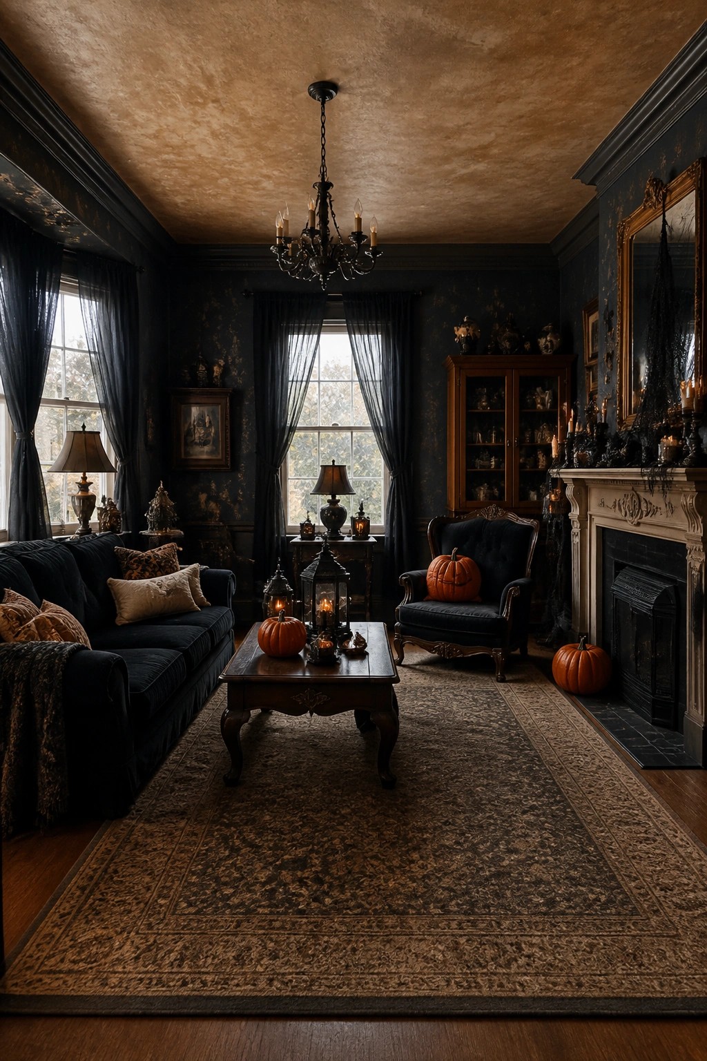 Living room with dark walls showing several carved jack-o'-lanterns placed on a coffee table and chair, plus lanterns and mantel decorations.
