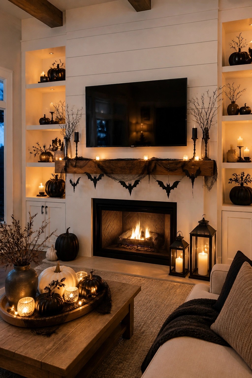 Living room mantel styled for Halloween with black bats, dark netting, candles, and black pumpkins.