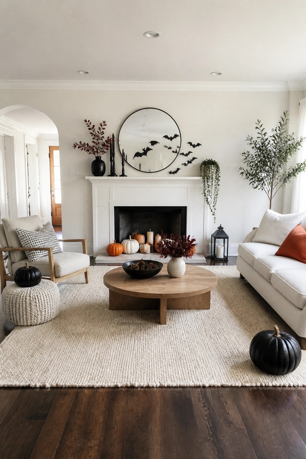 Living room mantel with white fireplace, round mirror, black paper bats arranged around the mirror, and pumpkins on the hearth.