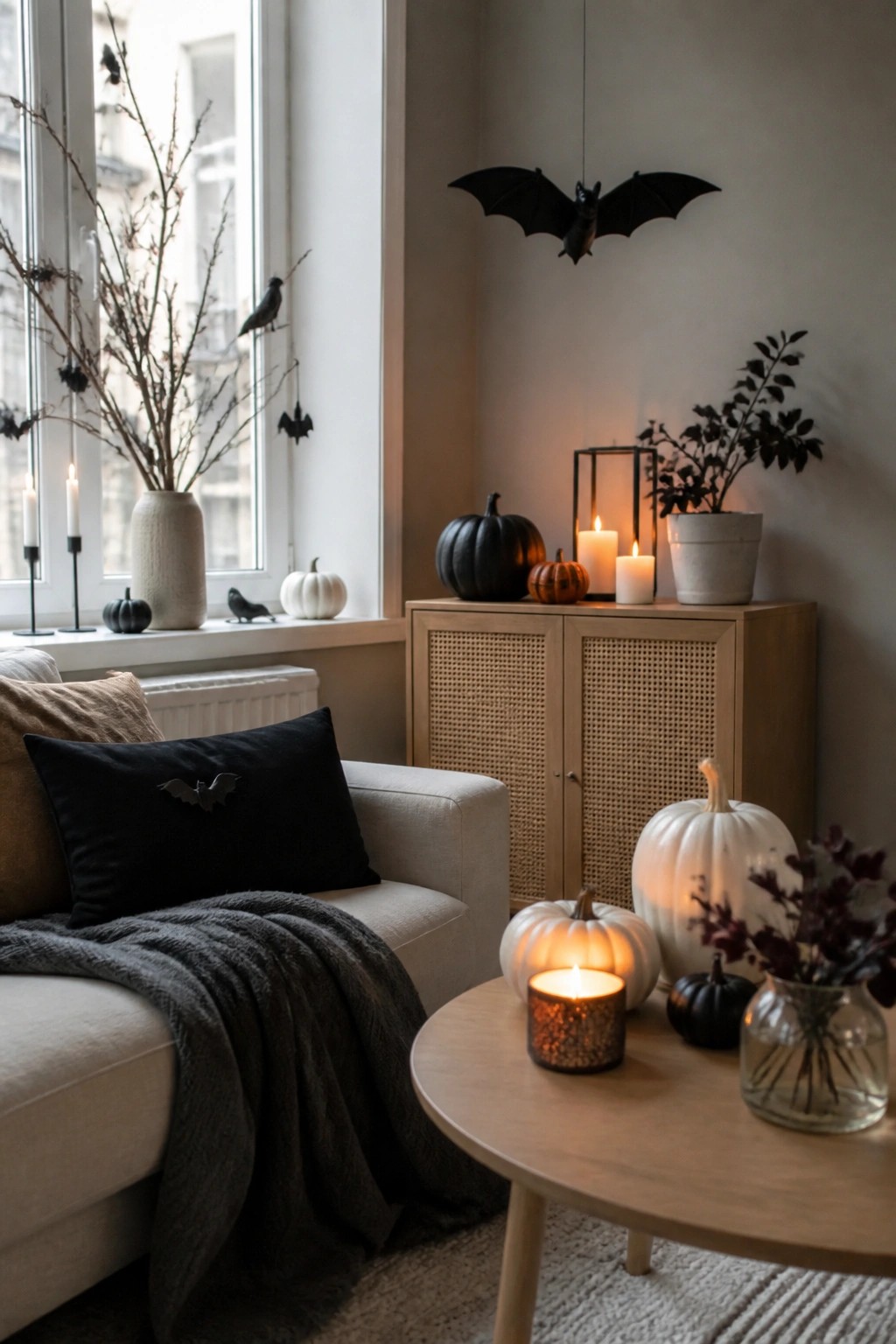 Living room corner with black bats placed on branches in a vase by the window, a hanging bat overhead, a bat on a black pillow, and white and black pumpkins on a cabinet and table.