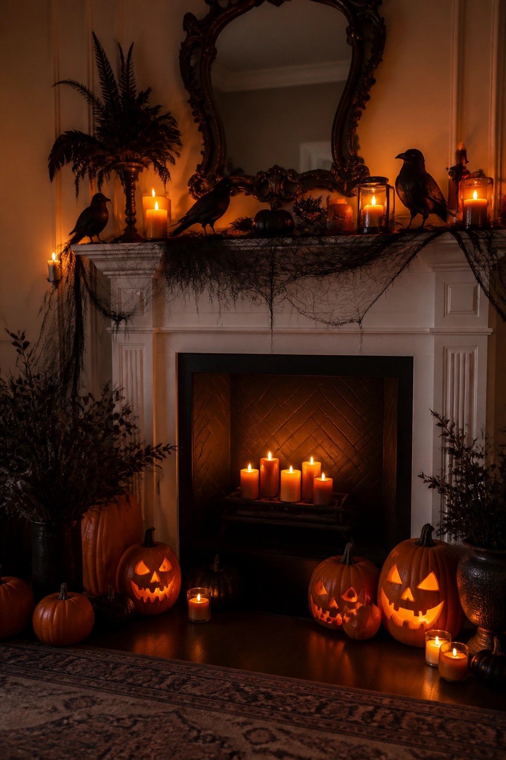 A white fireplace mantel styled for Halloween with black crows, candles, and spiderwebs, and several carved jack o lanterns arranged on the hearth in front.