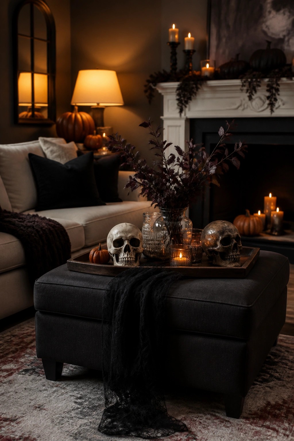 Living room ottoman holding a wooden tray with two skulls, small pumpkins, glass vases of dark branches, and lit candles.