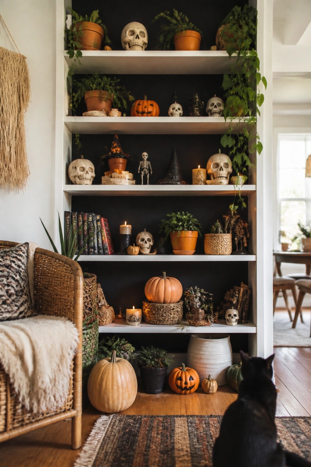 Built-in white shelves filled with skulls, skeletons, jack-o'-lanterns, and candles arranged as a Halloween display.