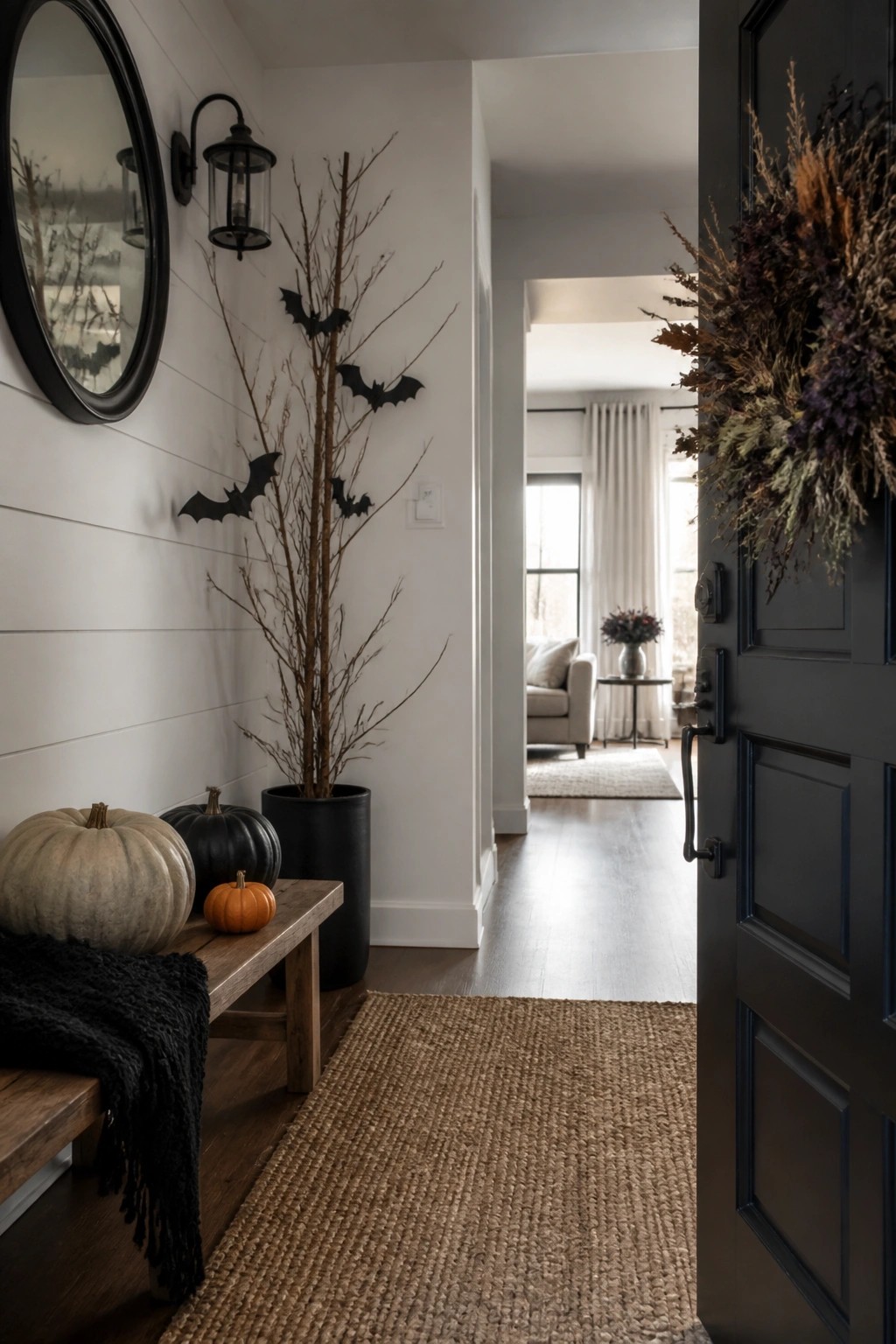 Halloween entryway with bat branches, pumpkins on bench, jute rug, and wreath on door