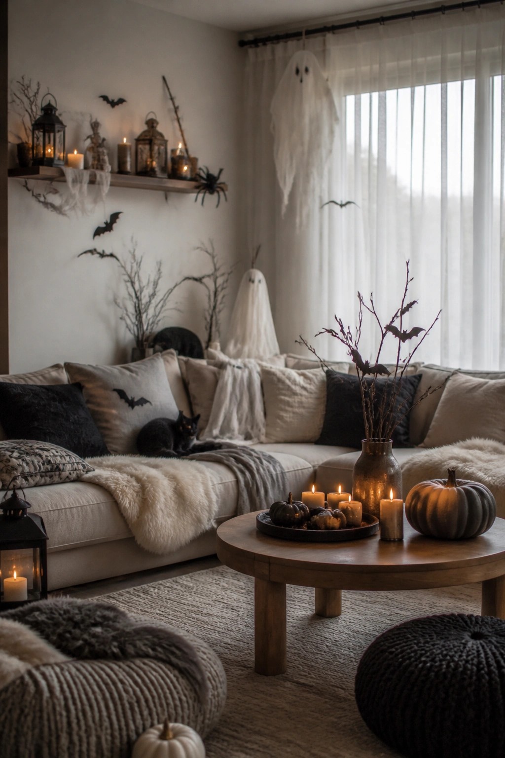 Living room with a light sectional sofa, black bats scattered on the wall above it, a hanging white ghost near the window, and a bat accent pillow.