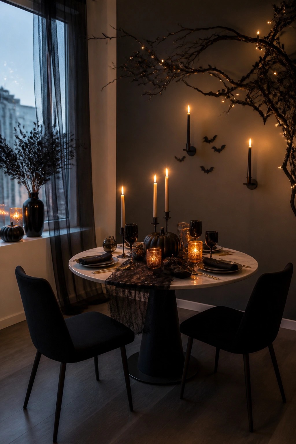 Round dining table with black pumpkins, tall candles, and a black lace runner, plus bat decorations on the wall behind it.