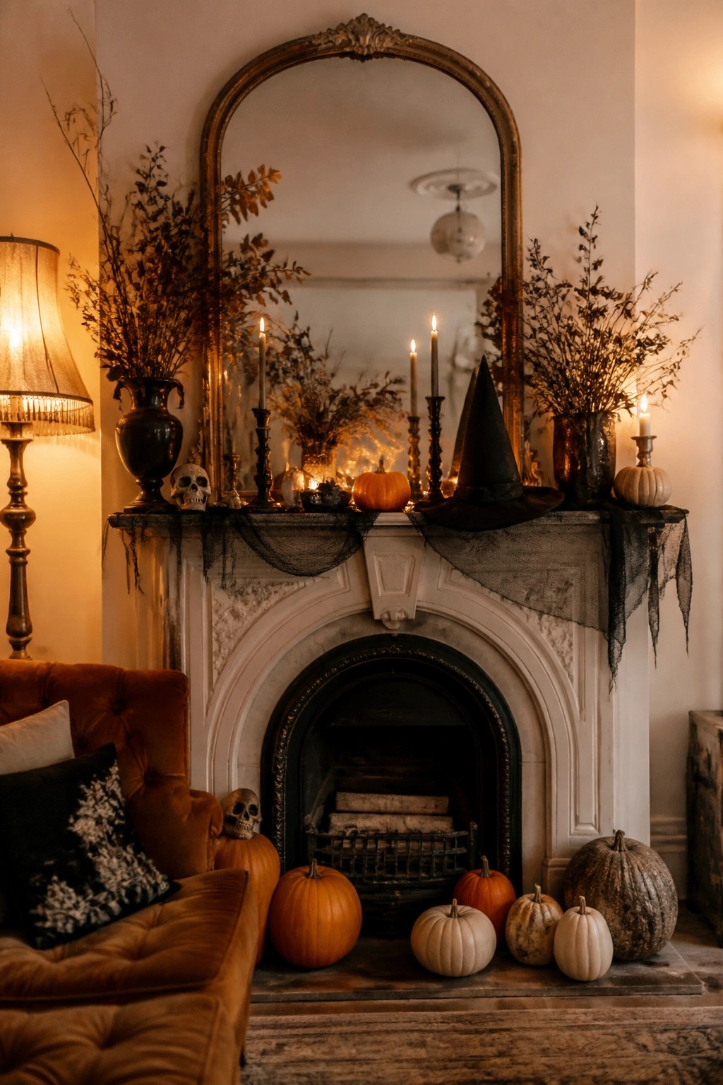White fireplace mantel decorated with a black witch hat, skulls, black netting, candles, and small pumpkins.