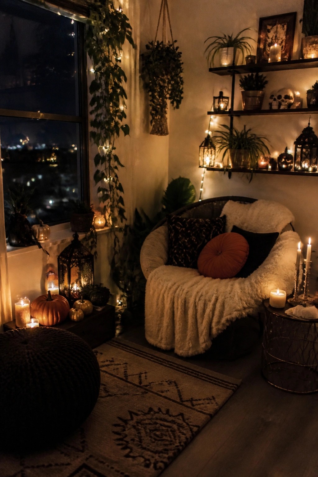 Apartment corner with skulls on black floating shelves, pumpkins on the windowsill, and a cozy chair with black and orange pillows.