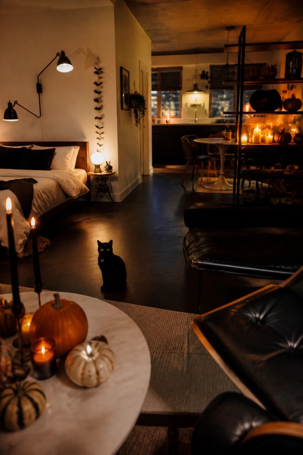 A black cat sitting in the center of an open apartment living space with pumpkins and lit candles on a marble table nearby.
