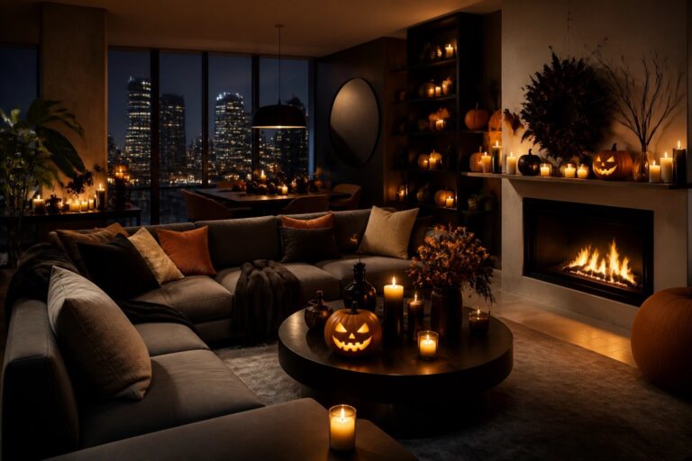 Halloween living room with gray sectional sofa, orange pillows, black pumpkins, candles, and spider web.