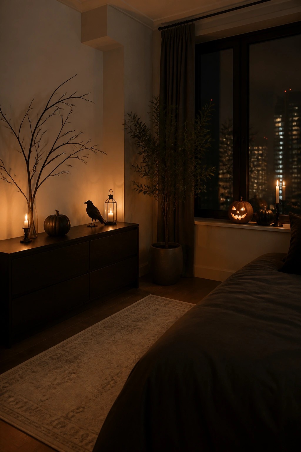 Bedroom window at night with two glowing jack-o'-lanterns on the sill, candles, and small pumpkins beside a console table.