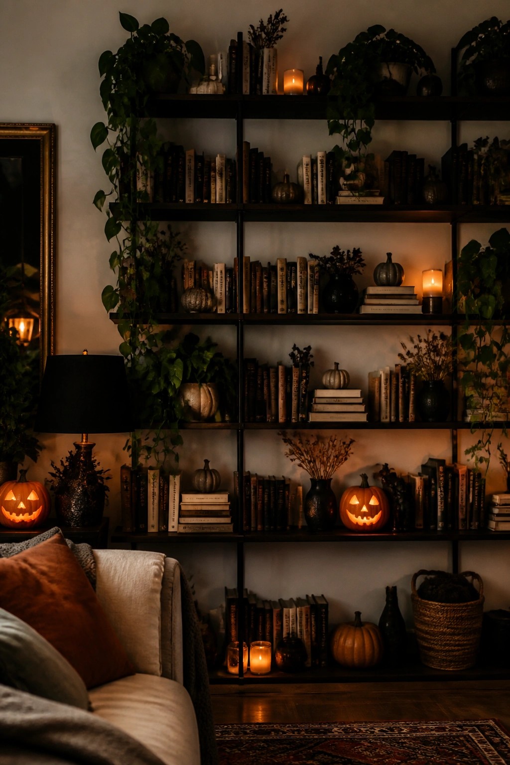 Living room with black bookshelves holding books and plants, several carved jack o lanterns with glowing faces placed on different shelves and the floor.
