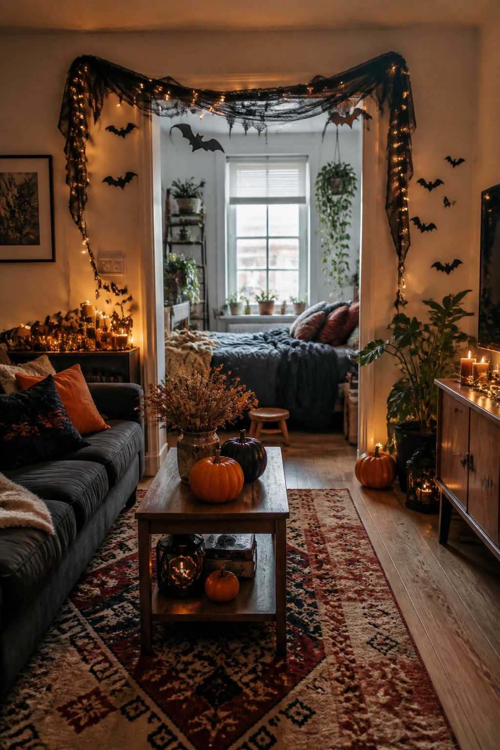 Apartment living room with black fabric and string lights draped over a doorway, black bat cutouts on the walls, and pumpkins on a wooden coffee table.