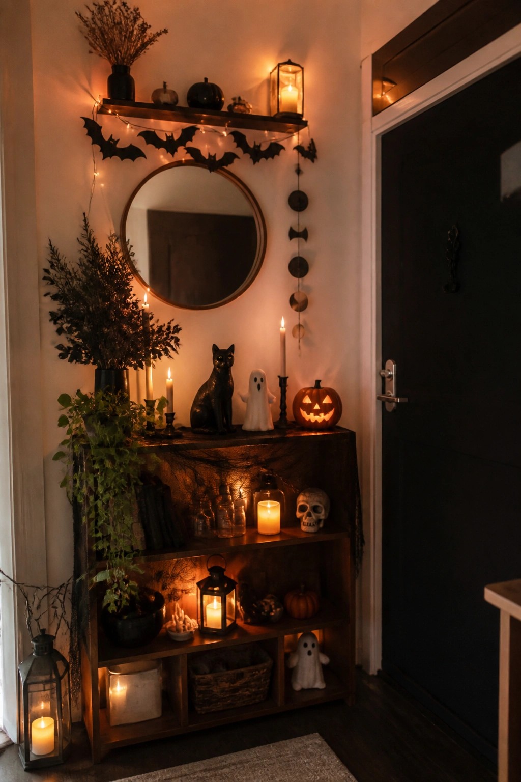 Entryway console table topped with a ghost figure, black cat statue, and jack-o'-lantern, with black bats arranged around a round mirror on the wall above.