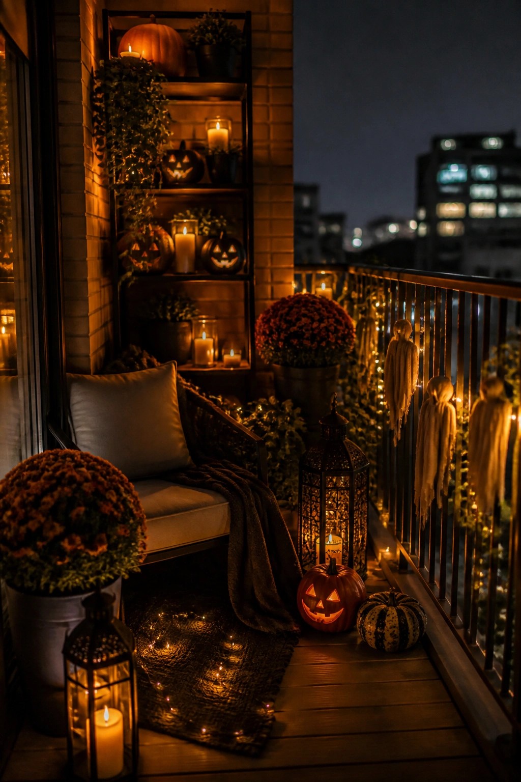 Small apartment balcony at night with white fabric ghosts hanging from the railing, carved jack-o'-lanterns, and lanterns on the wooden floor.