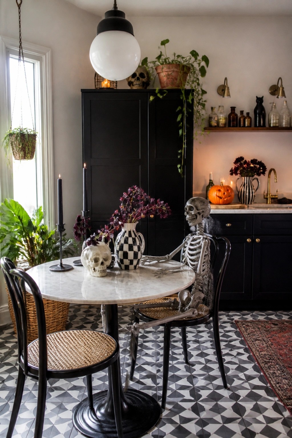A skeleton seated at a round marble dining table with skulls, black candles, and dark flowers in a kitchen dining area.