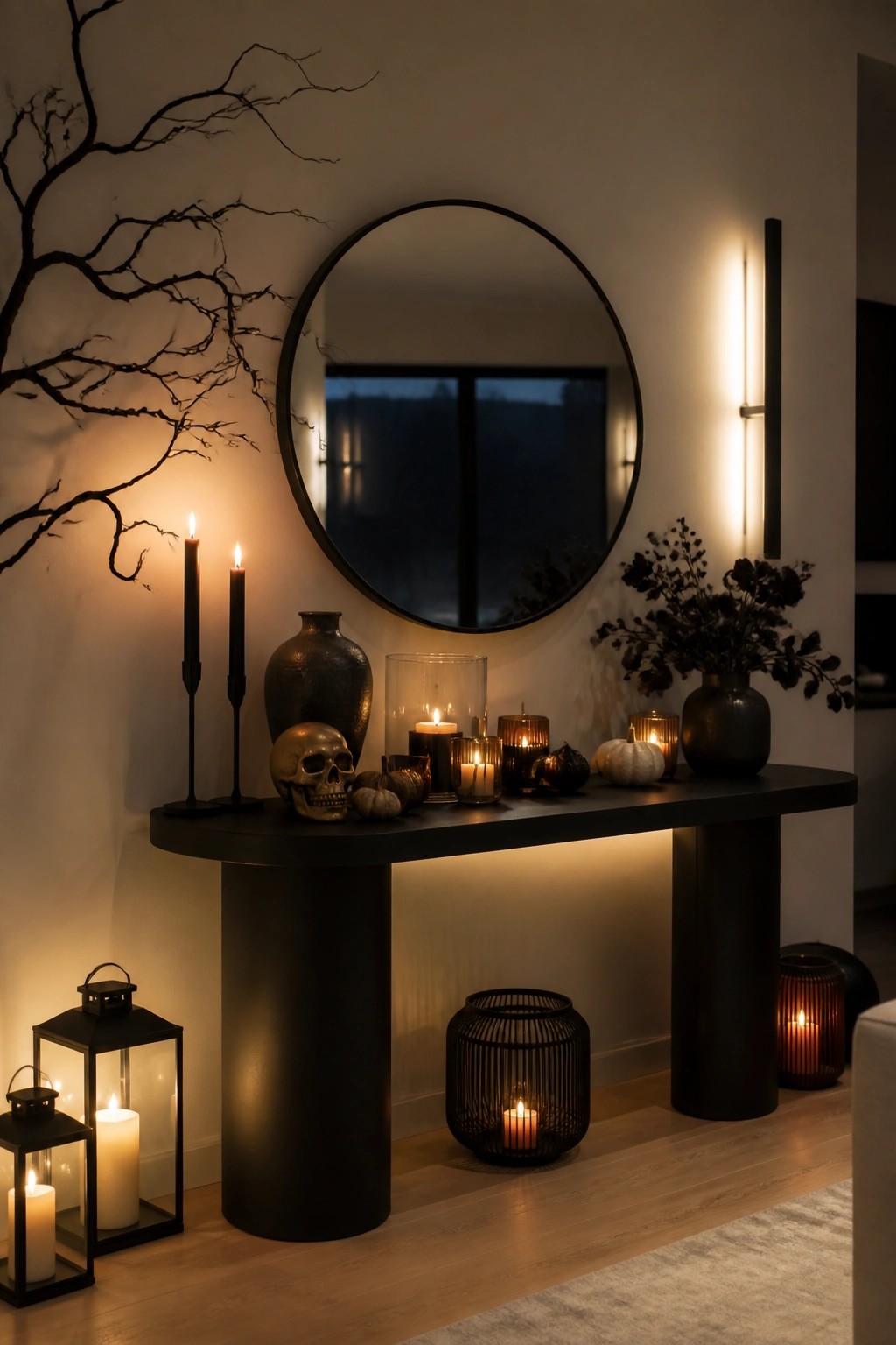 Black console table in an entryway styled with a skull, black candles, small pumpkins, and dark branches on the wall.