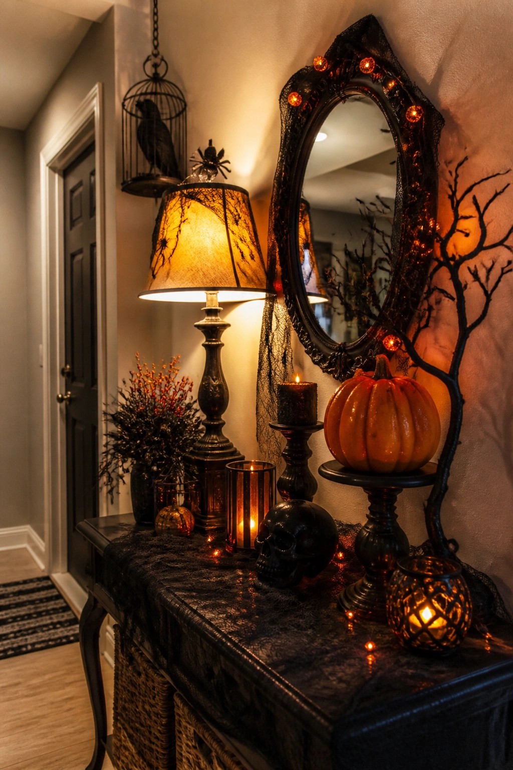 Entryway console table decorated for Halloween with a black skull, lit black candles, an orange pumpkin on a stand, and spiderweb accents.