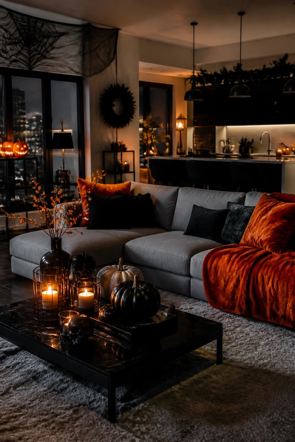 Halloween living room with gray sectional sofa, orange pillows, black pumpkins, candles, and spider web.