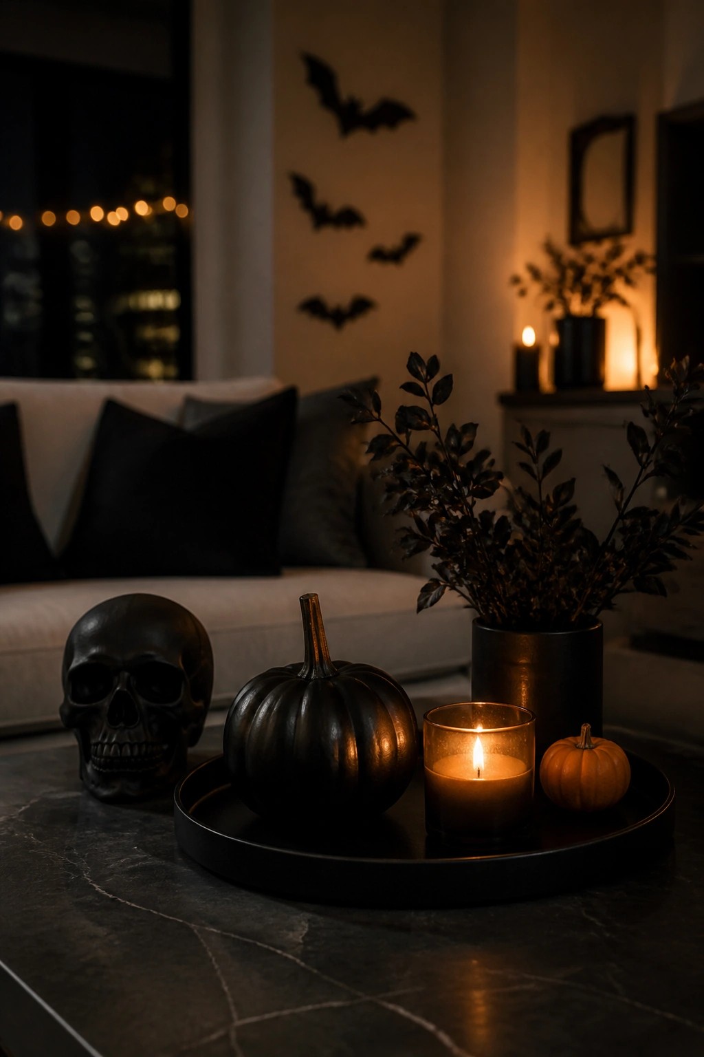 Coffee table tray holding a black skull, metallic black pumpkin, lit candle, and small orange pumpkin in a living room with bat wall accents.