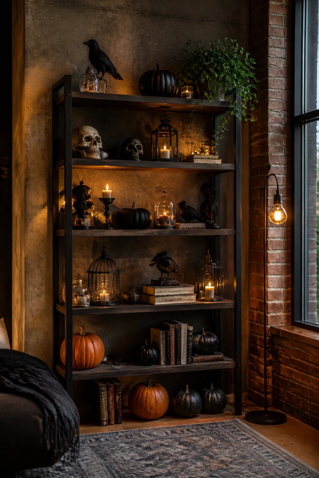 A tall black shelving unit styled with skulls, black crows, pumpkins, and lit candles in lanterns for a Halloween display.