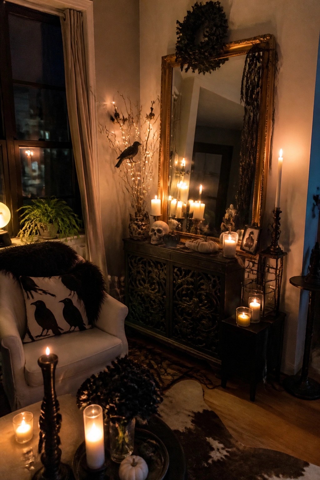 Gothic nook with flickering candles, raven pillow on armchair, gold mirror, and skulls