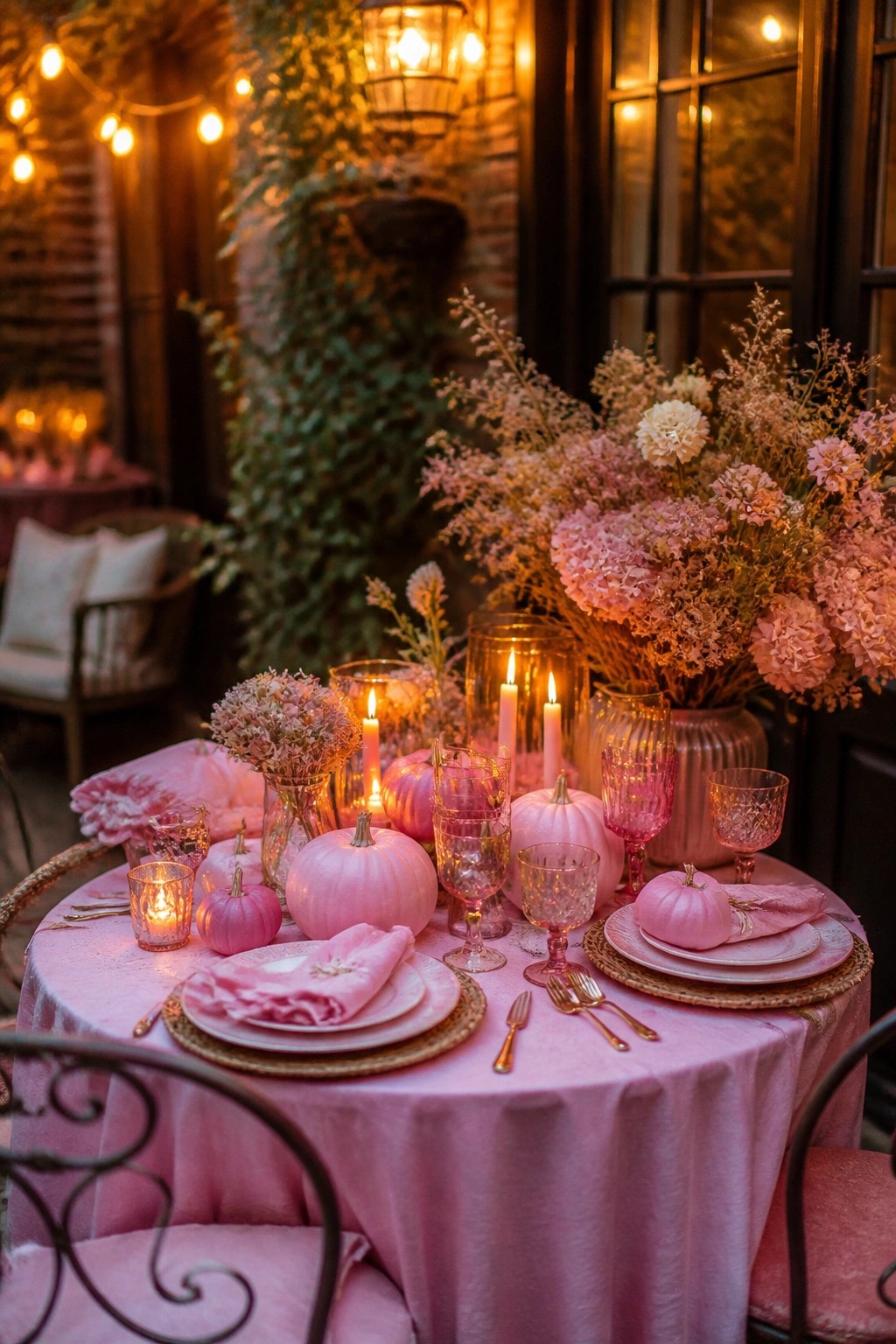 Outdoor dining table covered in a pink cloth and decorated with pink pumpkins, pink glassware, lit candles, and floral arrangements.