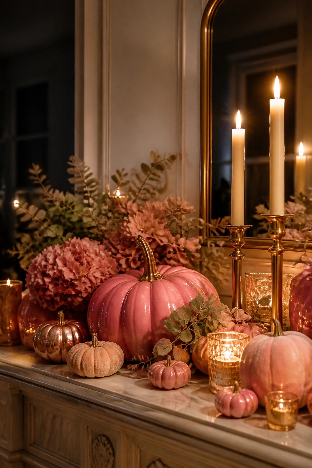 Pink pumpkins, glowing candles, and autumn florals on marble with gold accents.