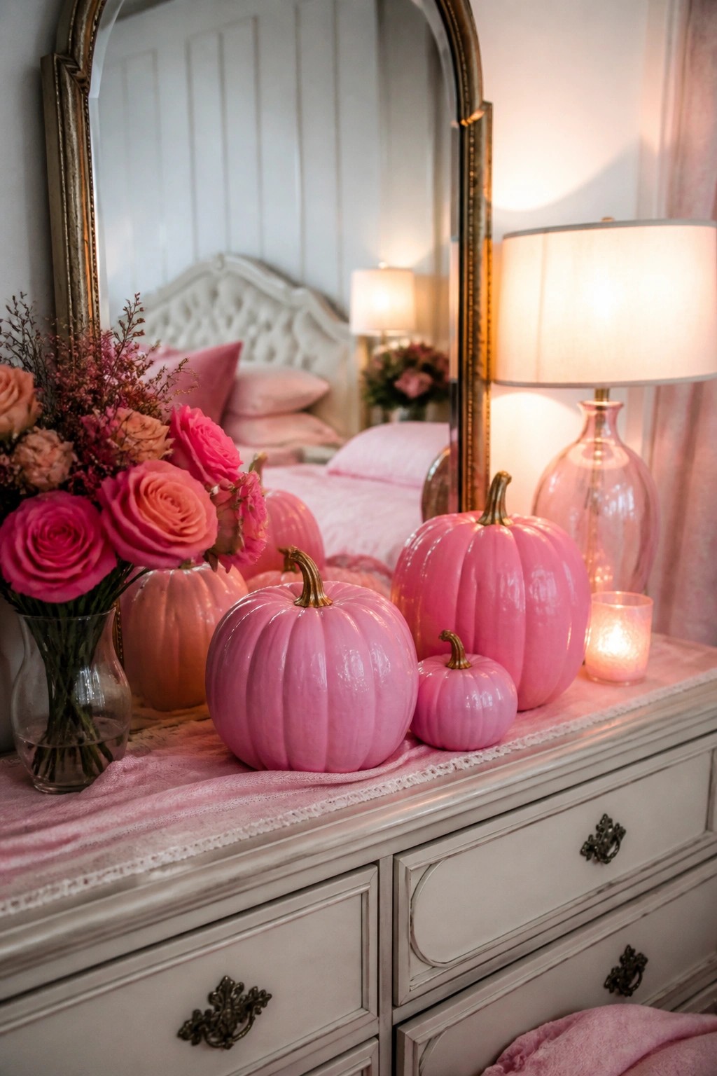 White bedroom dresser holding multiple glossy pink pumpkins in varying sizes along with a glass vase of pink roses and a small lit candle.