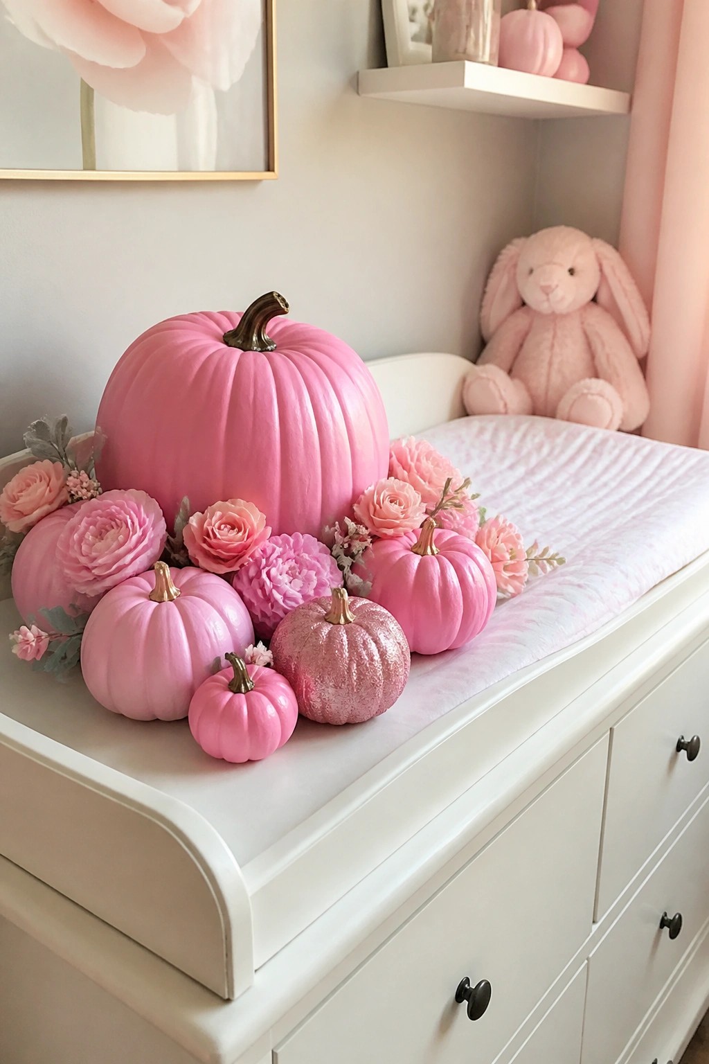 White changing table topped with a large pink pumpkin and smaller pink pumpkins in matte and glitter finishes, arranged with pink flowers.
