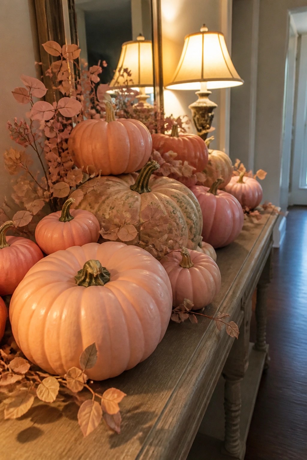 Pink pumpkins of various sizes clustered on a wooden console table with dried foliage in an entryway.