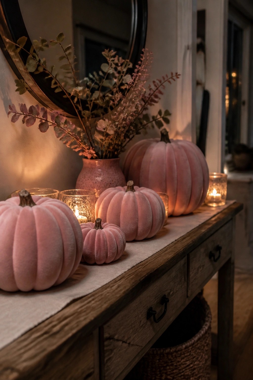 Pink velvet pumpkins of different sizes arranged on a wooden console table with lit candles and a vase of dried foliage beneath a round mirror.