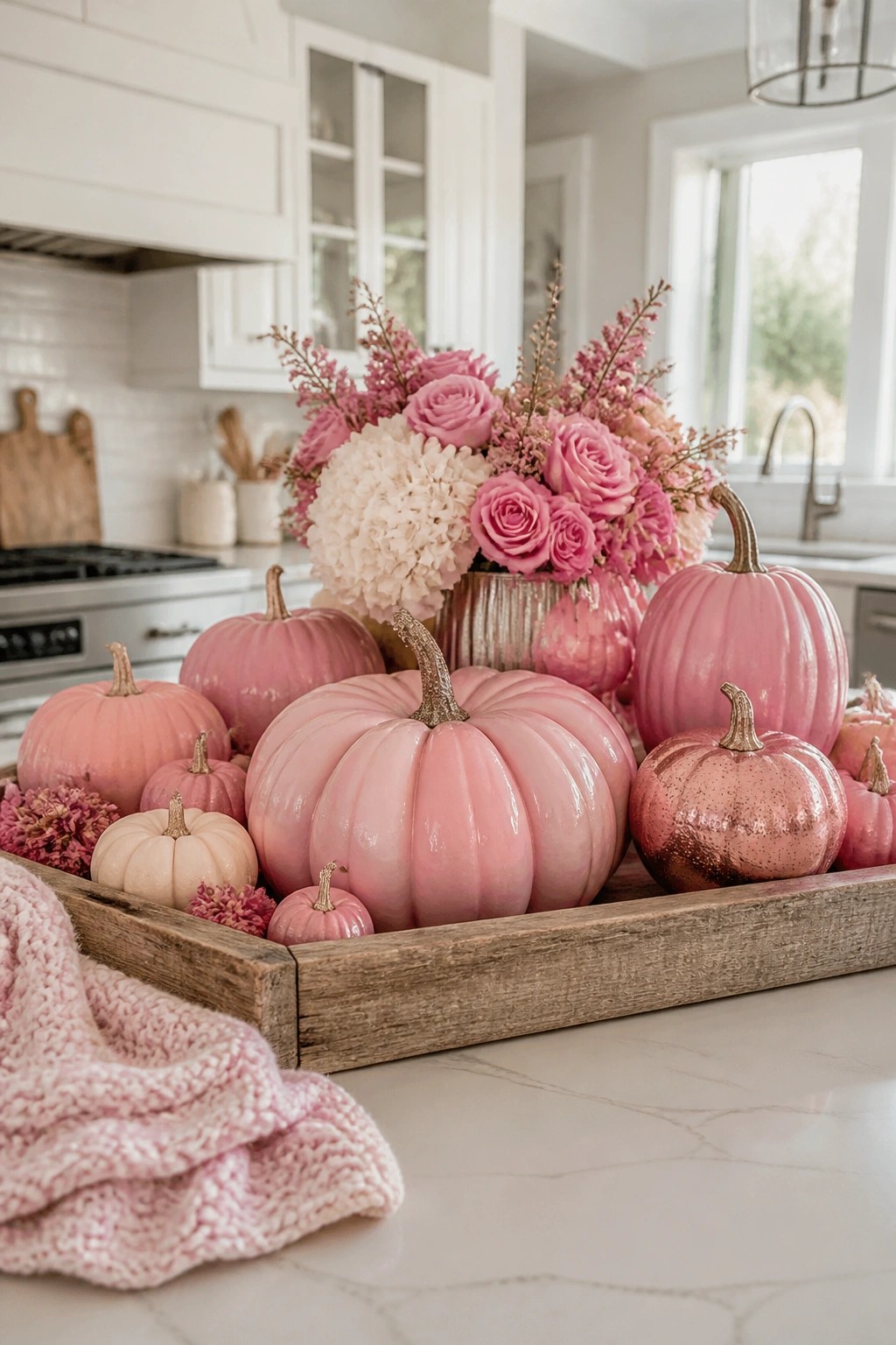 A wooden tray holding pink pumpkins of various sizes and a vase of pink flowers sits on a white kitchen counter.