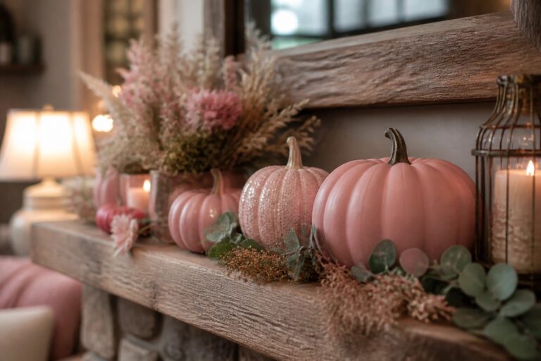 White brick fireplace mantel with pink pumpkins, lit lanterns, and pink florals