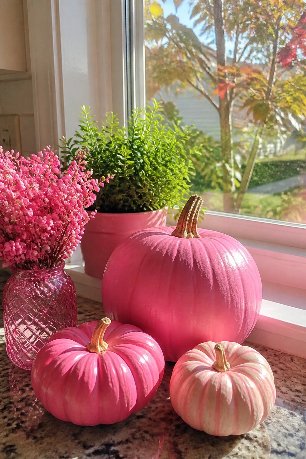 Three pink painted pumpkins of different sizes sit on a kitchen counter next to a pink vase of flowers and a potted plant by a window.