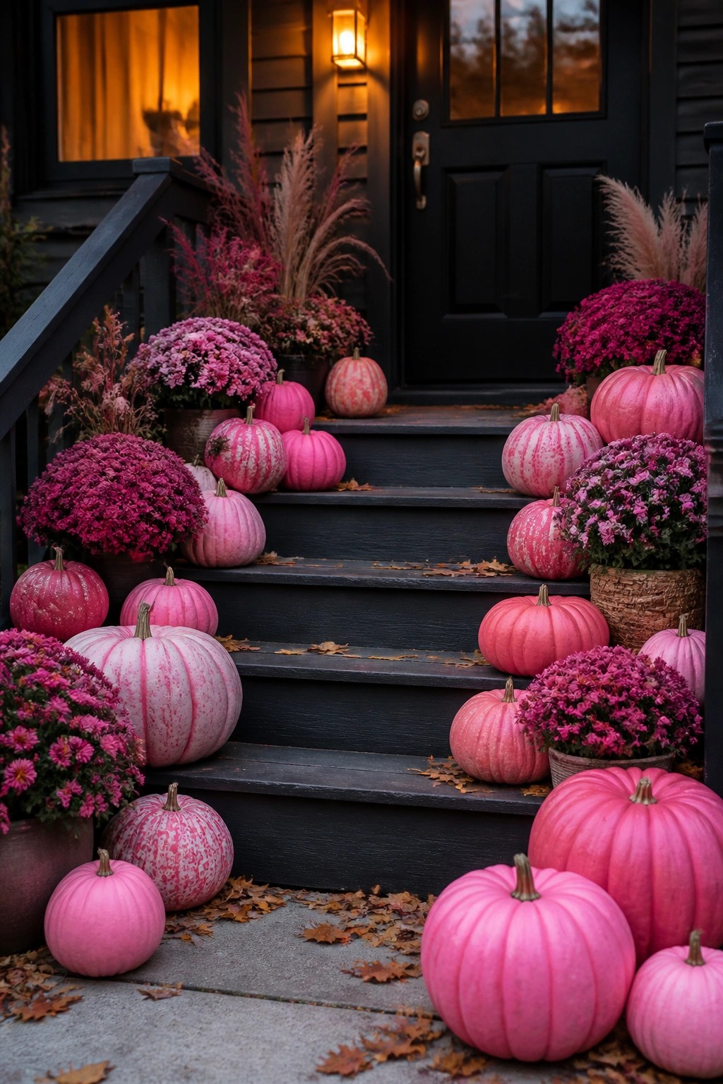 Black front porch stairs covered with pink pumpkins of different sizes and pots of magenta flowers.